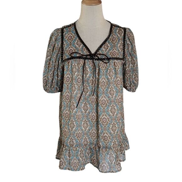 DKNY Jeans Blue Patterned Boho Babydoll Top - Picture 1 of 7